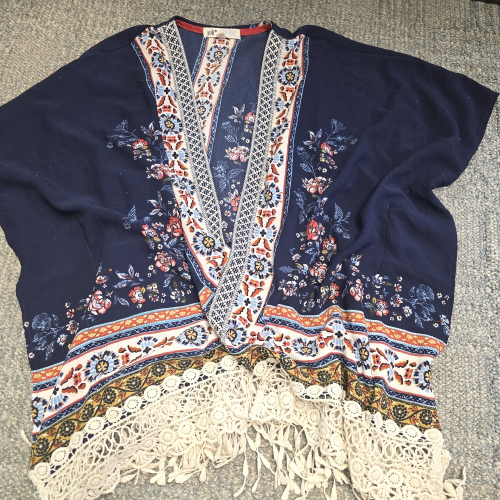 Jolt Navy Floral Poncho with Fringe